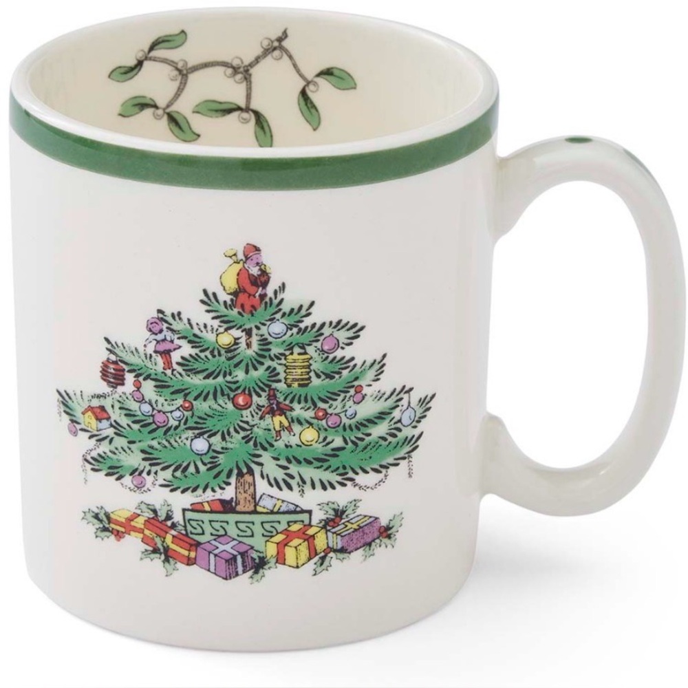 Spode England Christmas Tree Mug Small 3.25” Tall 3” Dia Green & Cream Xmas